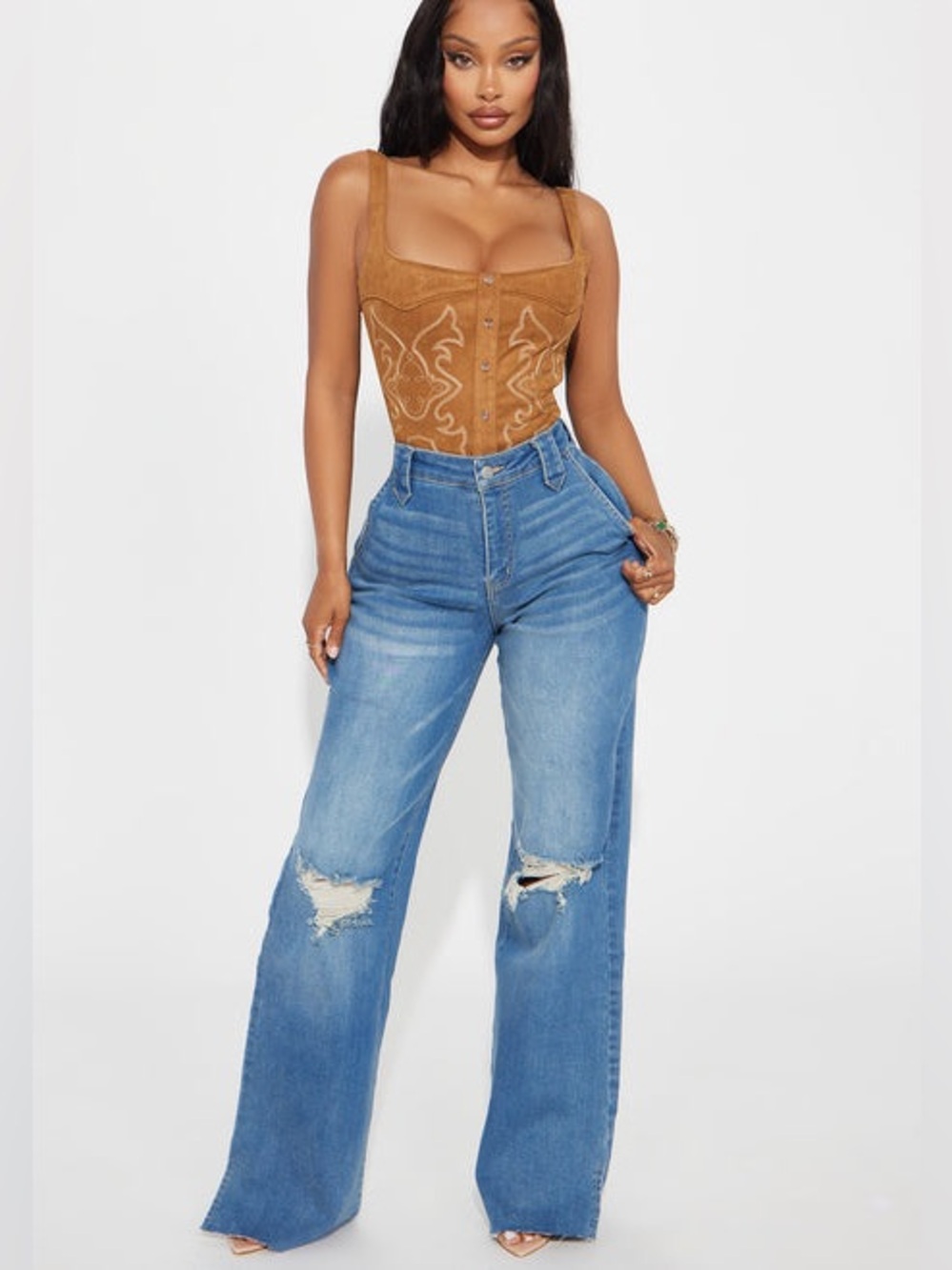 Fashion Nova Doubling Down Ripped Flare Jeans - Medium Wash